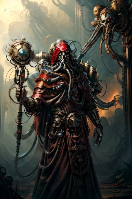((masterpiece,best quality)), absurdres, BREAK
mechanical arms, robes, hood, BREAK
((techpriest)), cyborg, mechanical face, mechanical limbs, gas mask, mechanical tentacles, (mechanical backpack), blue cloak, BREAK
1other, solo, holding gun, weapon, gun, firearm, BREAK
(MahabharataPunkAI),