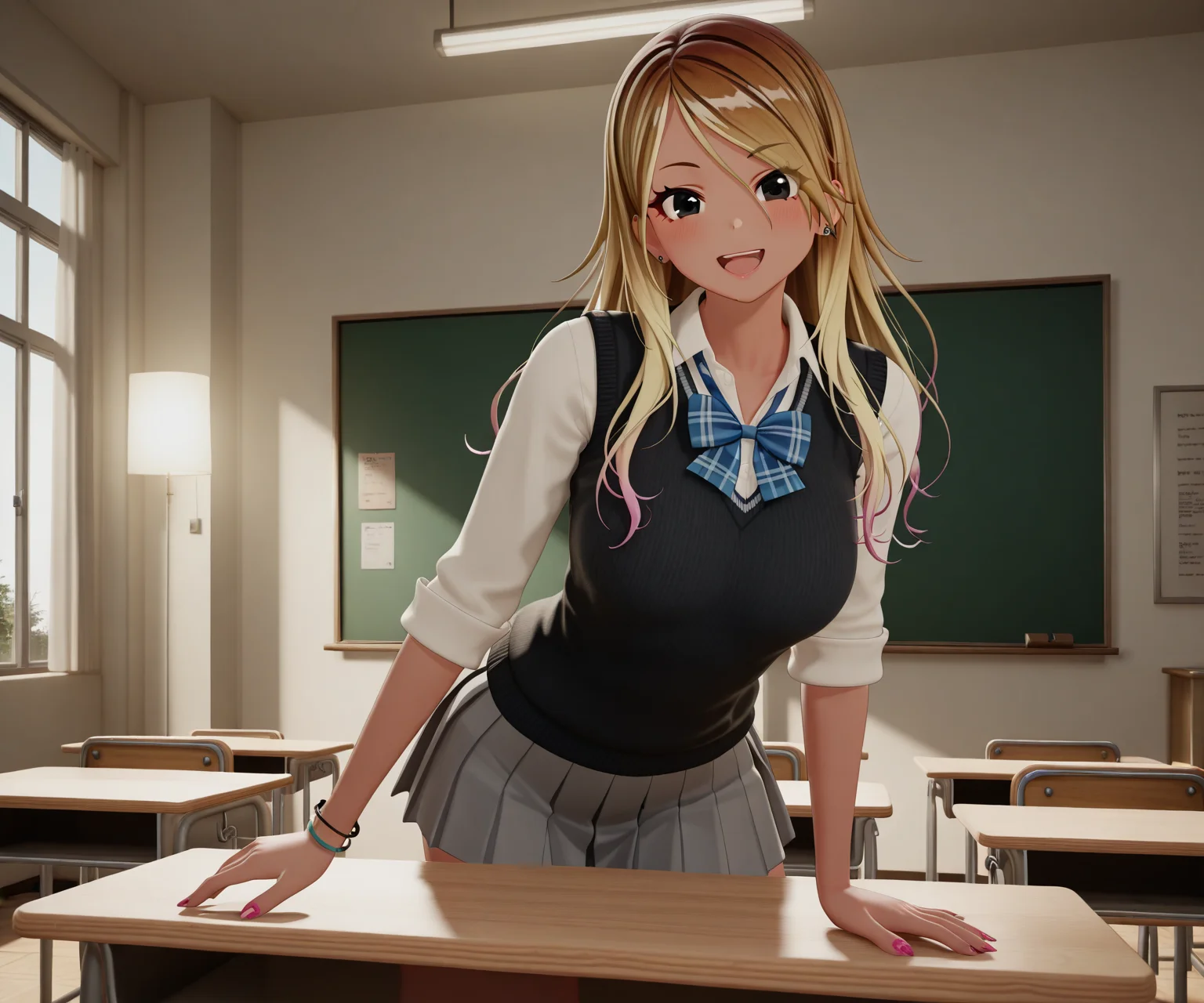 masterpiece, best quality, amazing quality, , 1girl, solo, looking at viewer, classroom,   <lora:New Kizuna AI ILL-v2:1> newkizunaai, 3d,smile, open mouth,  izumi mei, dark skin, blonde hair, multicolored hair, gradient hair, long hair, black eyes,gyaru,  school uniform, black sweater vest, white shirt, collared shirt, blue bow, plaid bow, sleeves rolled up, grey skirt, pleated skirt, miniskirt
