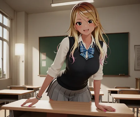 masterpiece, best quality, amazing quality, , 1girl, solo, looking at viewer, classroom, <lora:New Kizuna AI ILL-v2:1> newkizunaai, 3d,smile, open mouth, izumi mei, dark skin, blonde hair, multicolored hair, gradient hair, long hair, black eyes,gyaru, school uniform, black sweater vest, white shirt, collared shirt, blue bow, plaid bow, sleeves rolled up, grey skirt, pleated skirt, miniskirt