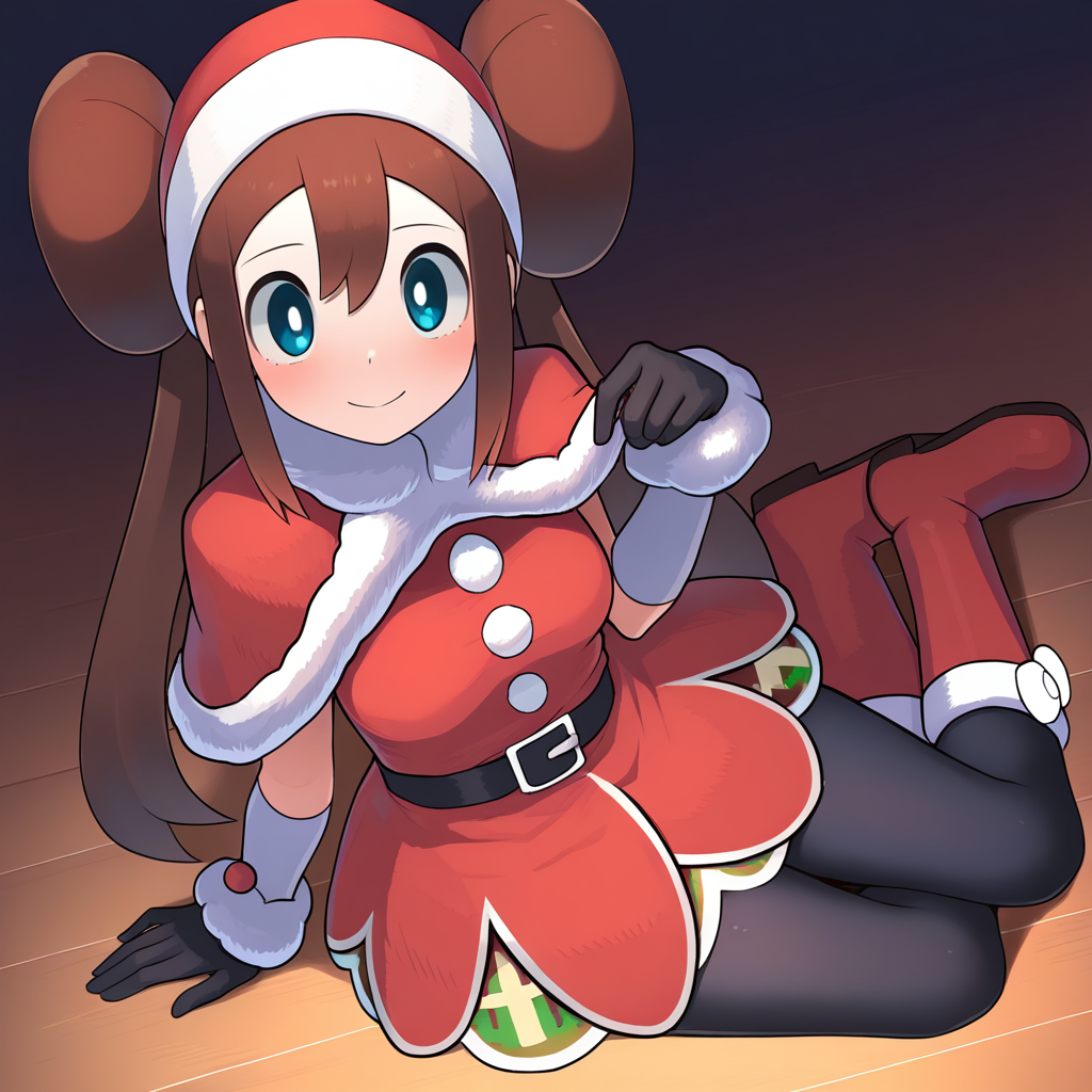 2d, masterpiece, best quality, amazing quality, highres, absurdres, newest, 1girl, solo, sitting, yokozuwari, from above, dutch angle, looking at viewer, wooden floor, medium breasts, rosanta, def colors, rosa \(pokemon\), blue eyes, white pupils, brown hair, long hair, bangs, twintails, double bun, sleeveless dress, red dress, santa costume, santa hat, fur trim, fur-trimmed capelet, red capelet, black belt, black gloves, white elbow gloves, black pantyhose, knee boots