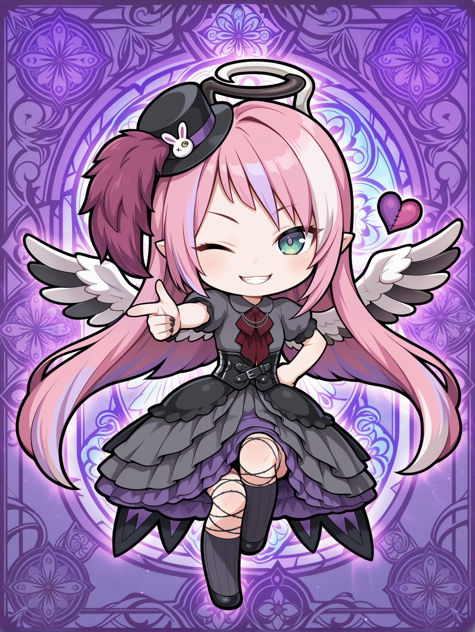 angel,ghostrick angel of mischief,solo,one eye closed,stitched heart,smile,1girl,stained glass print,grin,looking at viewer,hand on hip,purple frame,full body,black nails,feathers,sitting,black layered dress,red ascot,black corset,black mini top hat,black kneehighs,black shoes,purple theme,official art,veins,chibi,finger gun, 
masterpiece,best quality,amazing quality,very aesthetic,absurdres,newest,<lora:Ghostrick Angel of Mischief illusXL v1:0.7>,