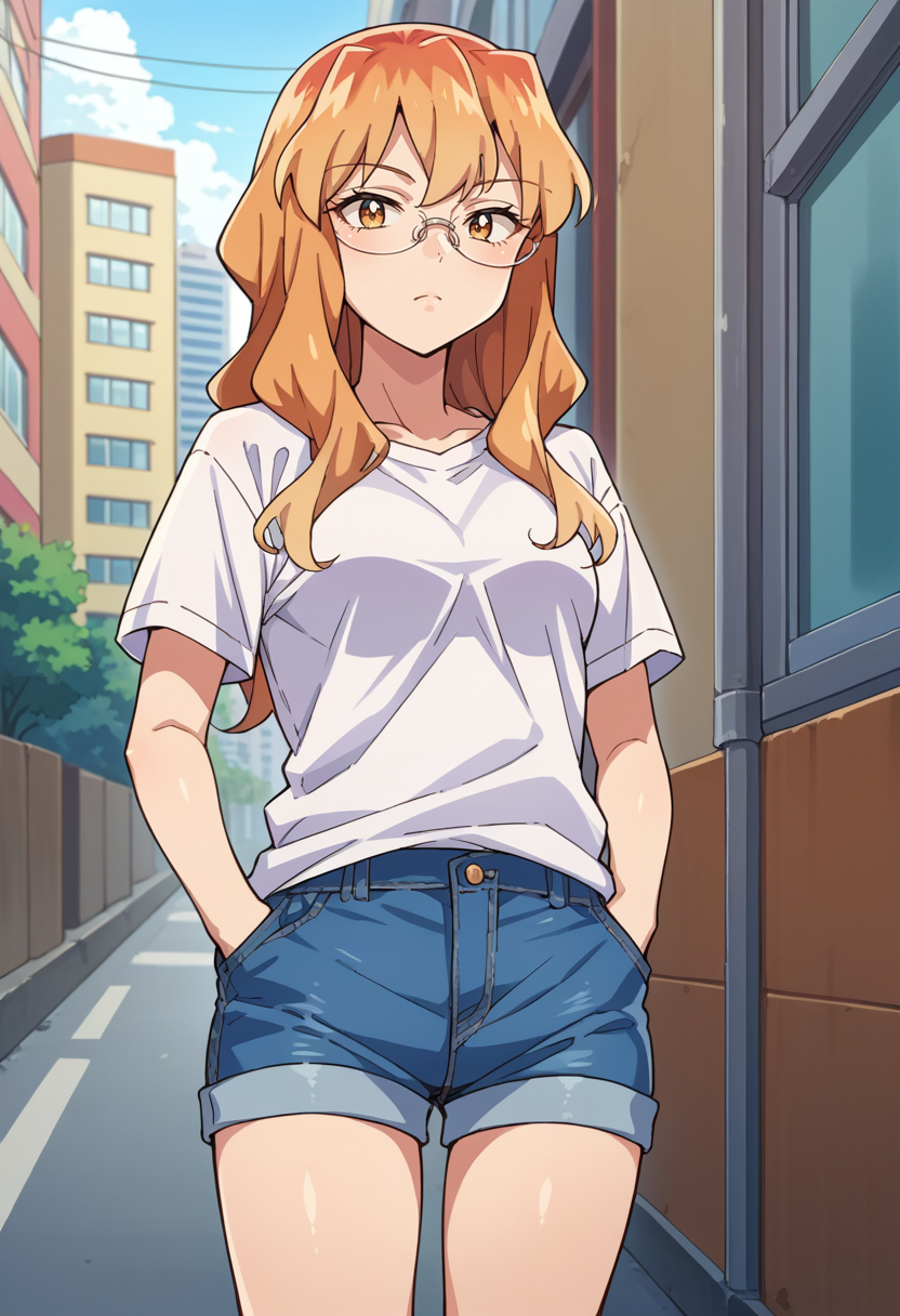 score_9, score_8_up, source_anime, 1girl, solo, SumikaChibana, long hair, glasses, t-shirt, denim shorts, standing, outdoors, city, hands in pockets, <lora:ChamSumikaChibanaPonyXL:1>