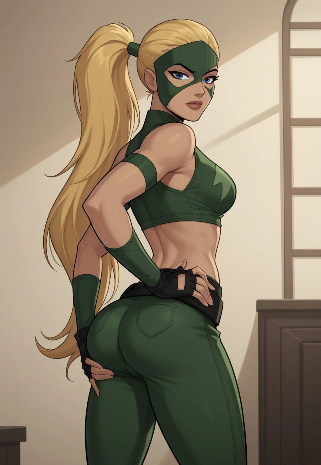 safe_pos, PonyXLV6_Scores BREAK (((parody style, parody:1.2)), perfect anatomy, cowboy shot) <lora:Artemis:0.8> artemis, blonde hair, long hair, ponytail, blue eyes, flirting, raised eyebrow, ((looking back at viewer)), mask, green crop top, midriff, navel, arm band, fingerless gloves, gloves, green pants, kneepads, curvy, toned, athletic, breasts, standing, hand on hip, hand on own ass, sexually suggestive, indoors