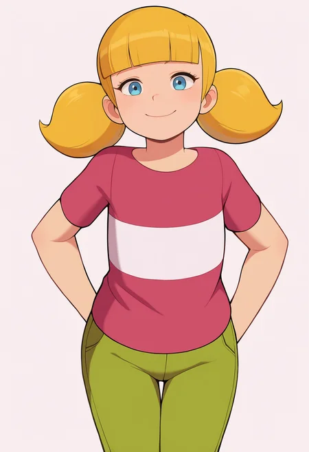 masterpiece, best quality, very aesthetic, absurdres,
1girl, penny, blonde hair, twintails, blunt bangs, blue eyes,
shirt, short sleeves, green pants,
standing, upper body, smile, looking at viewer, solo, simple background, white background <lora:PennyNoobXL_byKonan:1>