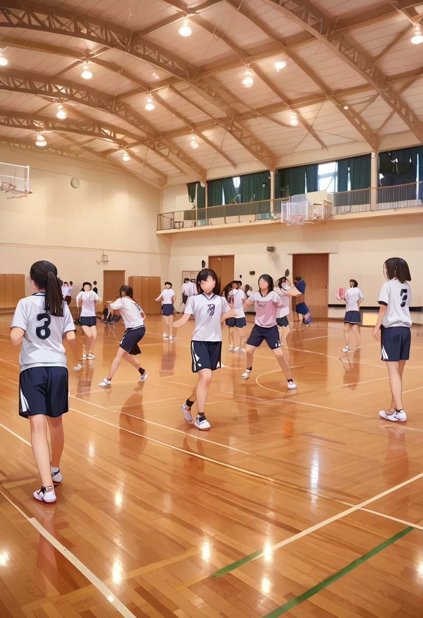 score_9, score_8_up, score_7_up, rating_safe, masterpiece, best quality, absurdres, unity 8k wallpaper, official art, official style, source_anime, uncensored, game cg, megami magazine,
taiikukan, indoors, sportswear, multiple girls, indoors, photo background, shorts, ball, 6+girls, ceiling light, black hair, ceiling, stage, wooden floor, gym uniform, sportswear, 
 <lora:gakkou_taiikukan_PONY_V1:1>