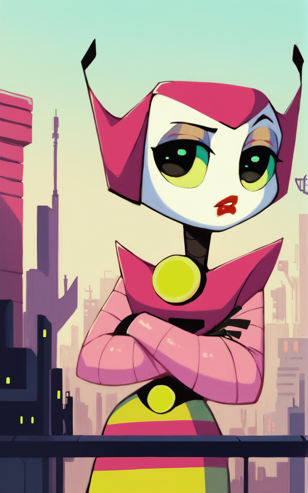 score_9, score_8_up, score_7_up,((best quality)), absurdres, <lora:BolivanteStyle:0.8>,  <lora:VPXL-03:0.8>,VPXL, robot, pink hair, white skin, striped skirt, long sleeves, pink sleeves, skirt,  lipstick, green sclera, pink pantyhose, pantyhose,makeup, black eyes,futuristic, city, crossed arms, bored