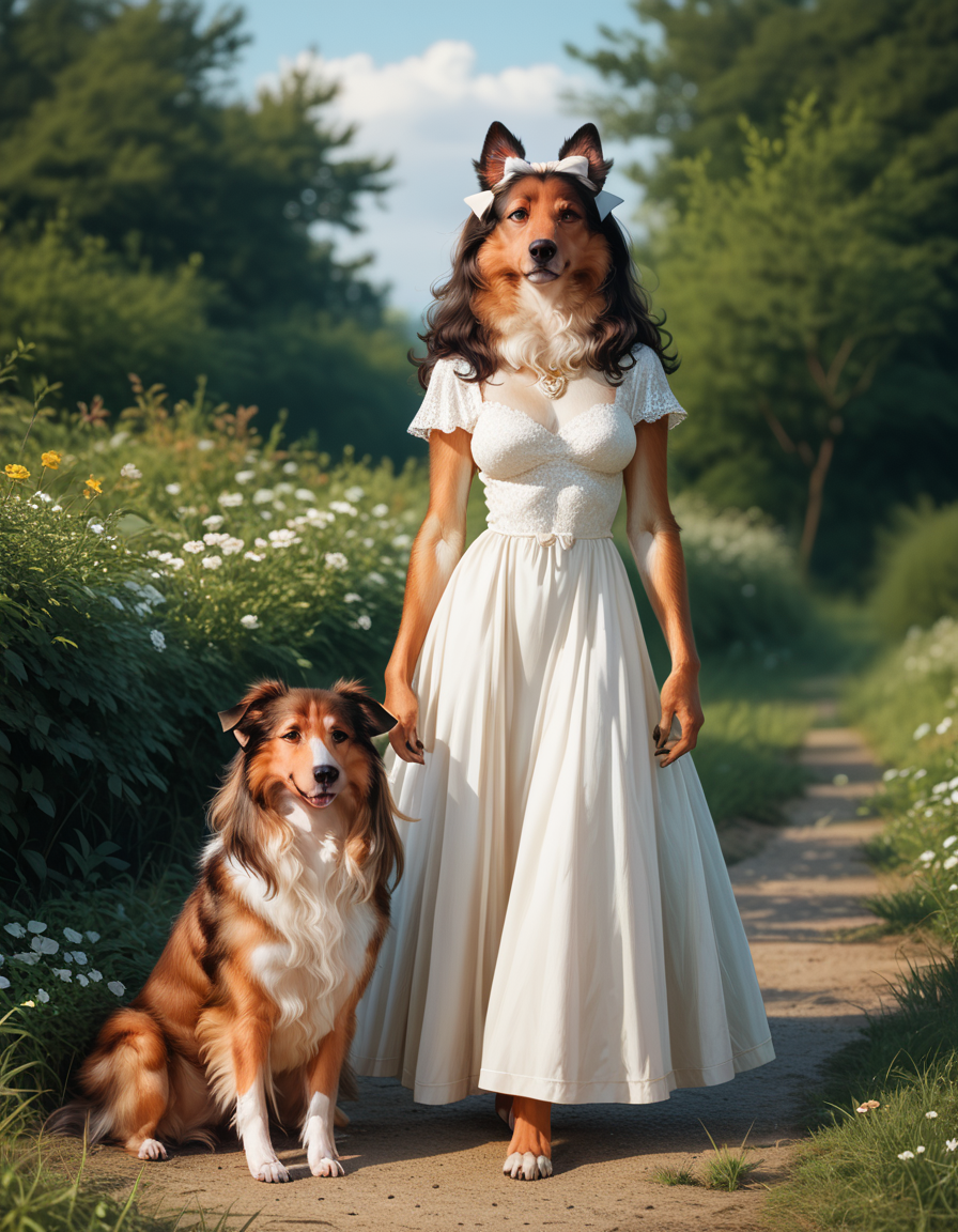score_9, score_8_up, score_7_up, score_6_up, score_5_up, score_4_up, hud_c0llie_can1ne, 1girl, furry, breasts, dress, hairbow, dog, <lora:collie:0.8>, outdoors, full body, indian_style