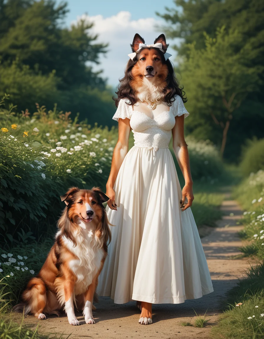 score_9, score_8_up, score_7_up, score_6_up, score_5_up, score_4_up, hud_c0llie_can1ne, 1girl, furry, breasts, dress, hairbow, dog, <lora:collie:0.8>, outdoors, full body, indian_style
