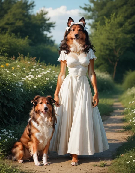 score_9, score_8_up, score_7_up, score_6_up, score_5_up, score_4_up, hud_c0llie_can1ne, 1girl, furry, breasts, dress, hairbow, dog, <lora:collie:0.8>, outdoors, full body, indian_style