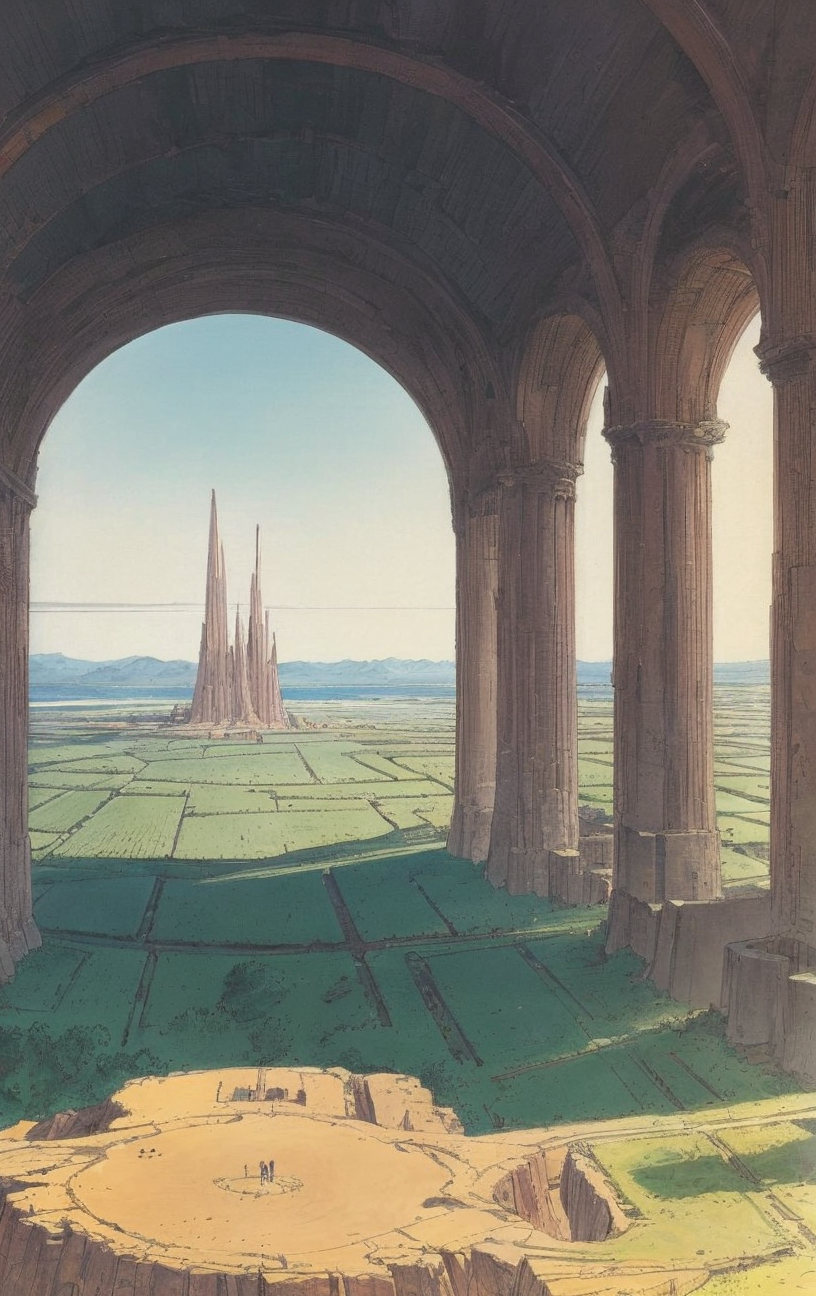artwork <lora:Moebius:1>, Wide Shot of landscape with unity at midday