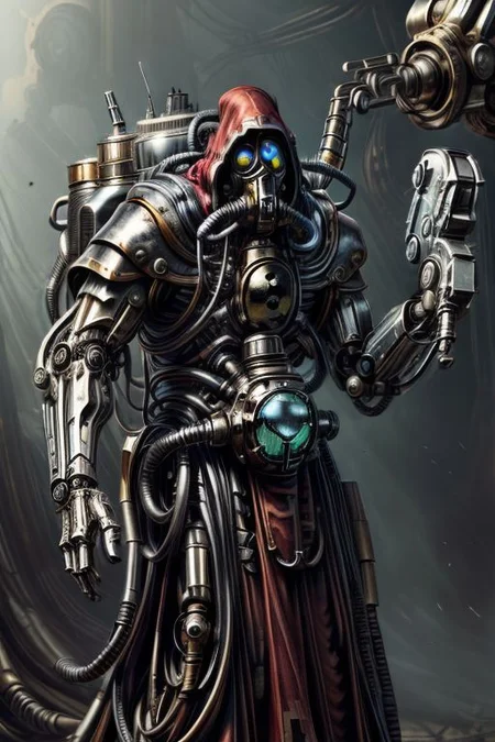 ((masterpiece,best quality)), absurdres, BREAK
mechanical arms, robes, hood, BREAK
((techpriest)), cyborg, mechanical face, mechanical limbs, gas mask, mechanical tentacles, (mechanical backpack), blue cloak, BREAK
1other, solo, holding gun, weapon, gun, firearm, BREAK
(chrometech ),