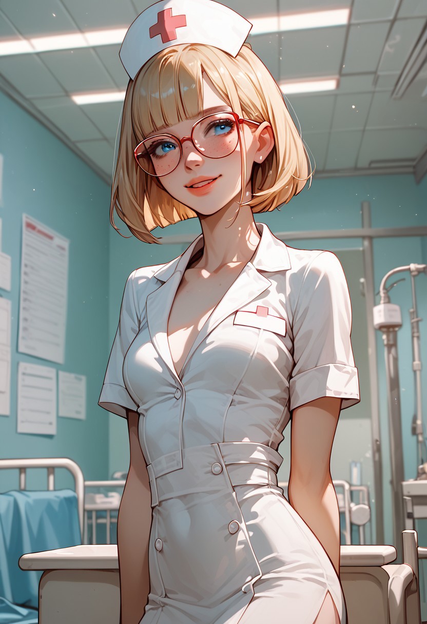 score_9, score_8_up, score_7_up, score_6_up, score_5_up, score_4_up, 1girl, (score_9, score_8_up:1.1), score_7_up, short blonde hair, , blunt bangs, blue eyes, big squared eyeglasses, small breasts, slim, , pale skin, freckles, standing , naughty nurse ,shy smile, closed lips, hospital , room