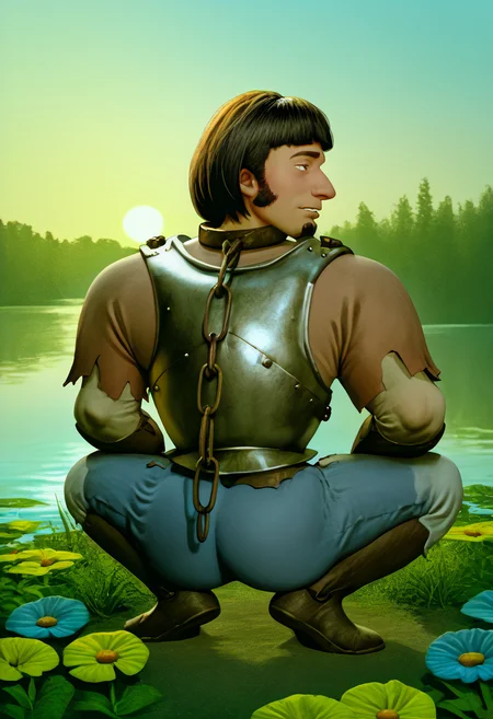 1727C6CDDF61, score_9, score_8_up, detailed, realistic, highres BREAK 1boy, solo, from behind, HuiBuh, bob cut, blunt bangs, dark brown hair, goatee, metal collar, armor, chain, breastplate, broly culo, squatting, outdoors, lake, sun, summer, flowers <lora:broly_culo_v1_unpruned> <lora:hui_buh>