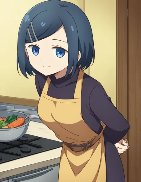 score_9, score_8_up, score_7_up, source_anime, <lora:dungeonpeople-clay-s1-ponyxl-lora-nochekaiser:1>, clay, short hair, blue eyes, black hair, hair ornament, blue hair, hairclip, swept bangs,, dress, belt, long sleeves, turtleneck,, kitchen, cooking, apron, cutting vegetables, home cooking, smile, looking at viewer, hands behind back, bent over,, solo,, cowboy shot, dutch angle