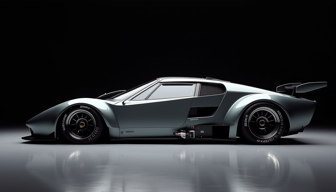 A picture of a futuristic race car prototype similar to a Lancia Stratos HF yfg-sde in a dark studio. Perpendicular shot from the side.