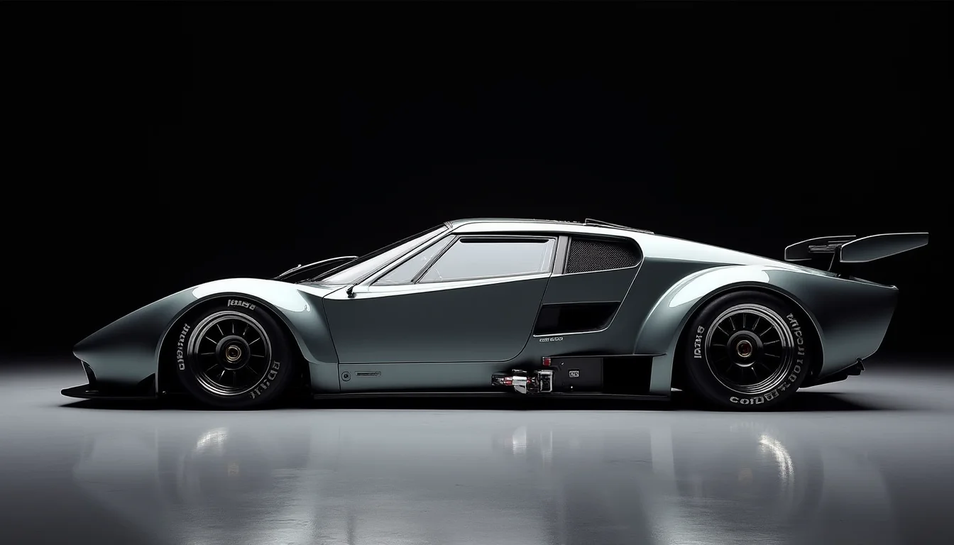 A picture of a futuristic race car prototype similar to a Lancia Stratos HF yfg-sde in a dark studio. Perpendicular shot from the side.