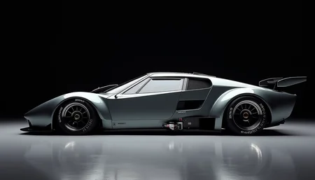 A picture of a futuristic race car prototype similar to a Lancia Stratos HF yfg-sde in a dark studio. Perpendicular shot from the side.