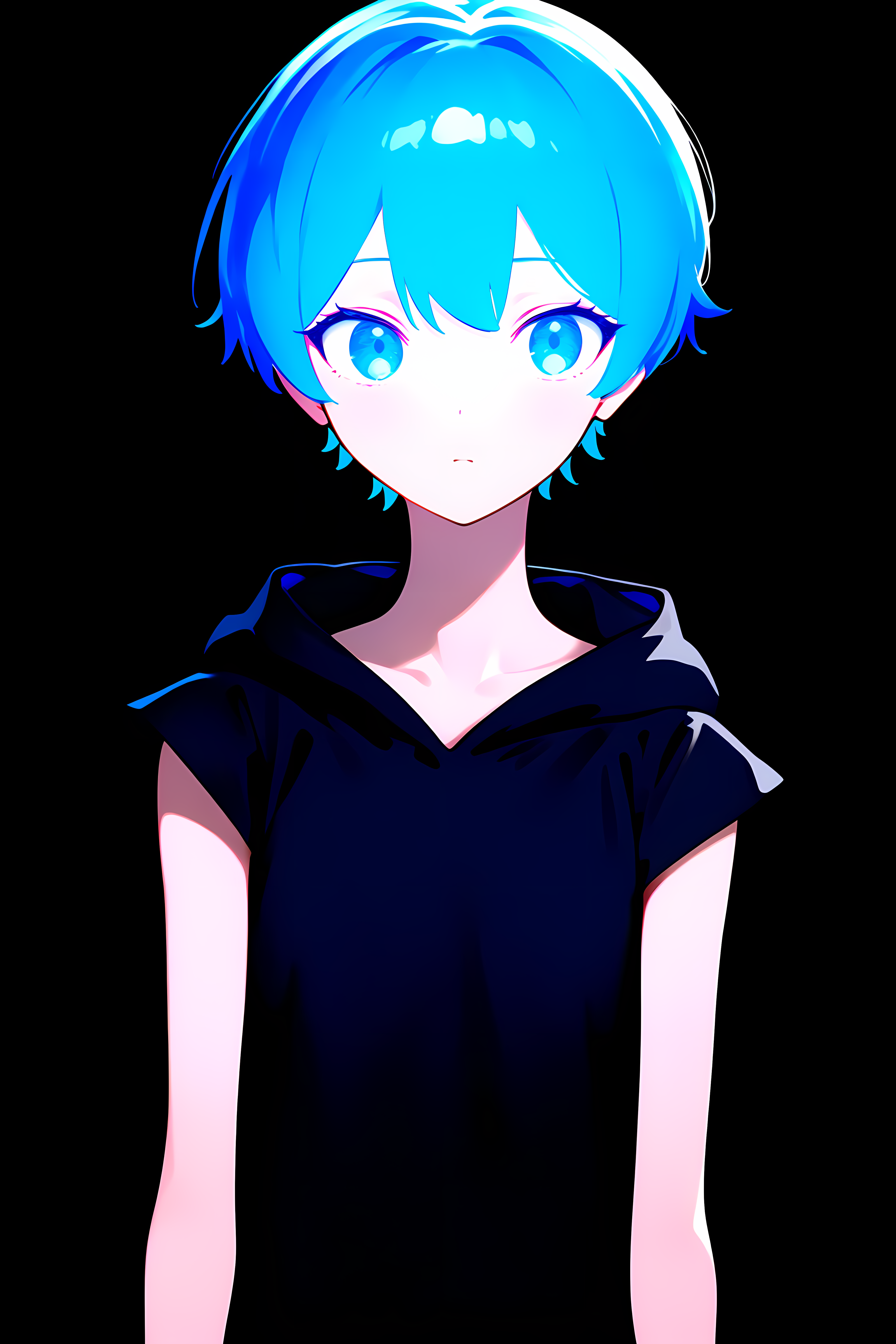 1girl, upper body, short hair, blue hair, blue eyes, black hoodie, cap sleeves, simple simple background, black background <lora:CapSleeves_NAI_vp:1>