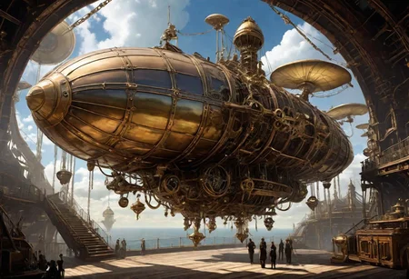 A majestic airship, a marvel of the steampunk era, floats in the endless expanse of the sky. Its shiny shell is covered in gears, brass tubes and intricate mechanisms. Gigantic propellers rotate silently, seemingly effortlessly penetrating the air. Below the airship sits an impressive chair attached to delicate chains. Inside sits a figure dressed in steampunk-like clothing with gloves operating precise levers and switches. The person controls the airship with mesmerizing skill as the vehicle glides majestically through the clouds, a technological masterpiece in the sky. high detail, studio ghibli, 8k