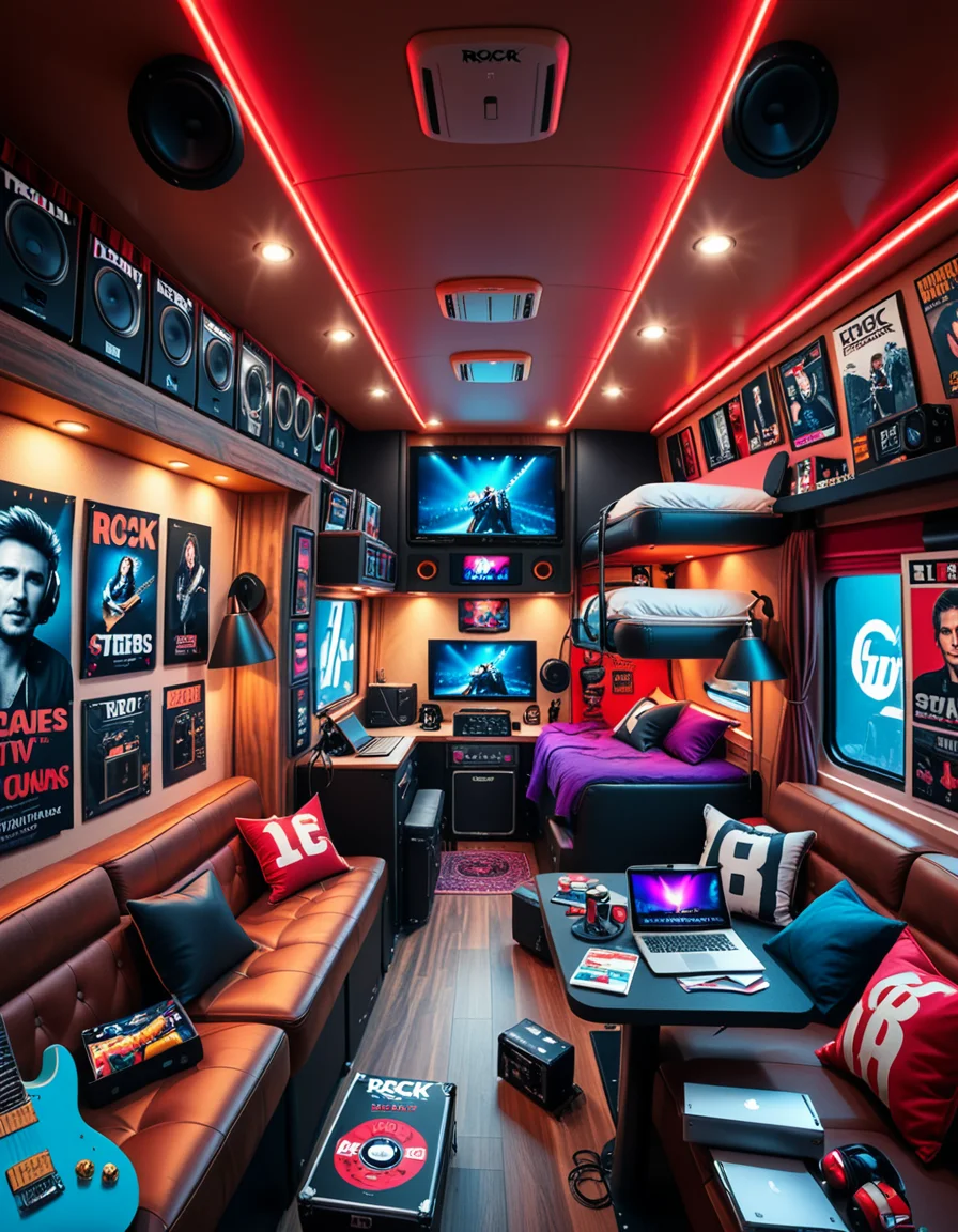 The interior of a modern RV customized for a rock band on tour. The space is stylish and lived-in, filled with musical gear like guitar cases, amps, and a drum pad. Posters of famous rock bands and tour memorabilia cover the walls. There are leather couches, a small kitchenette with snacks and energy drinks, and a cluttered table with laptops, cables, and setlists. A narrow hallway leads to sleeping bunks with personal items like headphones, books, and clothes tossed around. The lighting is warm with LED strips in red and purple tones, giving it a cozy but edgy atmosphere. A small TV displays concert footage, and speakers are mounted on the ceiling. The whole scene feels energetic, artistic, and chaotic in a creative way. Realistic style, rich colors, and highly detailed environment.
<lora:SDXLFaeTastic2400:0.4> <lora:extremely_detailed:0.4> extremely detailed <lora:r0ck_b4nd_rv:1>r0ck b4nd rv, Masterpiece,best quality,hi res,8k,hi res,8k,award winning,(sharp focus, intricate, highly detailed),