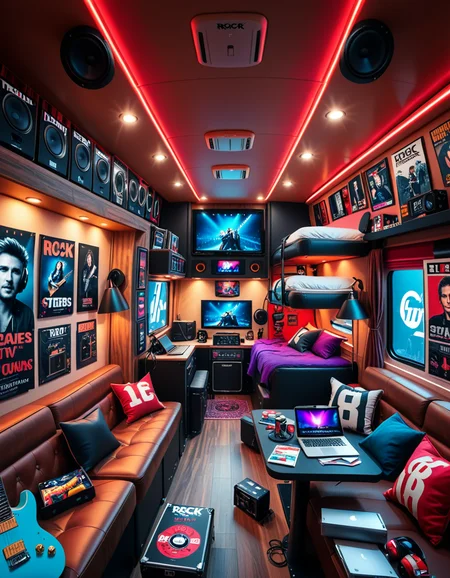 The interior of a modern RV customized for a rock band on tour. The space is stylish and lived-in, filled with musical gear like guitar cases, amps, and a drum pad. Posters of famous rock bands and tour memorabilia cover the walls. There are leather couches, a small kitchenette with snacks and energy drinks, and a cluttered table with laptops, cables, and setlists. A narrow hallway leads to sleeping bunks with personal items like headphones, books, and clothes tossed around. The lighting is warm with LED strips in red and purple tones, giving it a cozy but edgy atmosphere. A small TV displays concert footage, and speakers are mounted on the ceiling. The whole scene feels energetic, artistic, and chaotic in a creative way. Realistic style, rich colors, and highly detailed environment.
<lora:SDXLFaeTastic2400:0.4> <lora:extremely_detailed:0.4> extremely detailed <lora:r0ck_b4nd_rv:1>r0ck b4nd rv, Masterpiece,best quality,hi res,8k,hi res,8k,award winning,(sharp focus, intricate, highly detailed),
