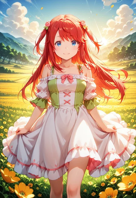 1girl, solo, masterpiece, best quality, newest, absurdres, CG, anime, source anime, illustration, very aesthetic, high resolution, ultra-detailed, newest, scenery, medium depth of field, rule of thirds, masterpiece-level, clean lines, sharp, focused subject, <lora:Theresia_van_Astrea_r1:1>
BREAK 1girl, solo, Theresia_van_Astrea, t_theresia, hair ornament, blue eyes,long hair, red hair,flower, hair flower,two side up,
white dress, dress
dynamic pose, standing, happy, smiling, blushing, joyful
outdoors, meadow, flowering wildflowers, poppies, cornflowers, day ,sunny
cinematic angle, various angles, detailed background, beautiful background, (rays light:1.0),(grow:1.0), light particles