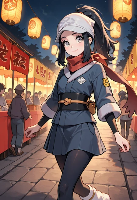 masterpiece, best quality, 1girl, solo, eyelashes, (beautiful eyes),     zzAkari, grey eyes, eyelashes, black hair, long hair, white headwear, sidelocks, ponytail, black pantyhose, black undershirt, jacket, loose socks, pantyhose, red scarf, sash, festival, paper lanterns, night, walking, slight smile â Akari strolls through a lantern-lit street during a nighttime festival, her red scarf glowing beneath the warm lights. The flicker of paper lanterns reflects in her grey eyes, and a faint smile touches her lips. Her long black hair and ponytail sway as she walks, the loose socks and pantyhose blending with the shifting shadows. The jacket clings gently to her frame, giving her a casual grace that turns heads amid the festive crowd. wave, looking at viewer, smile,       , <lora:AkariPokemon_IXL_v2:1.0>,