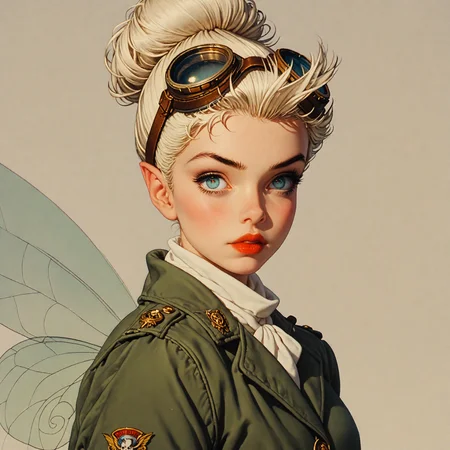 score_9, score_8_up, score_7_up, score_6_up, ArsMJStyle, Colored pencil hyperdetailed realism, 1girl, sideview, Tinkerbell, 1girl, solo, fairy, glowing, blonde hair, single hair bun, pointy ears, makeup, fairy wings, medium breasts, big round eyes, big blue eyes, The image is a portrait of a fairy woman wearing futuristic-looking goggles.  The goggles are green and have a pair of ribbons attached to them. The woman is wearing a green jacket with a white fur collar and a silver scarf tied around her neck. She has a flying skull emblem on her chest. She is also wearing red lipstick and has her hair styled in a bob. The background is a light beige color. The overall style of the image is reminiscent of a vintage or retro aviator or pilot's uniform, close up  <lora:dark:0.15> <lora:PerfectEyesXL:0.7> <lora:xl_more_art-full_v1:0.3>  <lora:Tinkerbell_Peter_Pan_1953:1>  <lora:HyperdetailedColoredPencilV2:1>