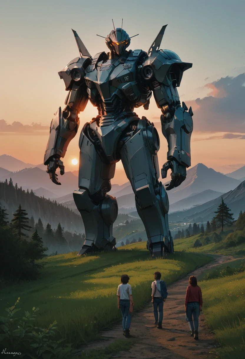 score_9, score_8_up, score_7_up, <lora:MechaForge-000003:0.8> m3chaf0rge, mecha, bipedal mech, sunset, full body, legs, tree, people, landscape, scenery,