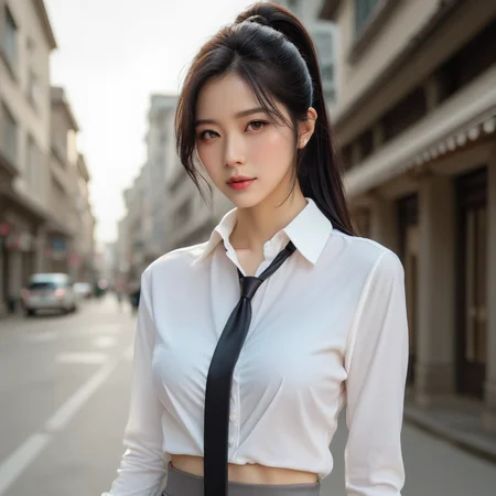 [5]a stunning real medium breasts Korean woman with long, flowing dark hair, her piercing gaze directly addressing the viewer. score_9, score_8_up, score_7_up, 4k, high quality, (best quality:1.1), realistic, photorealistic, close-up, upper body, (ultra HD quality details), High Fashion, A highly detailed, realistic digital photo of a Korean woman 28yo with a pale complexion, emphasizing her enigmatic and mystical aura,, high resolution, rich textures, and contemplative mood. Her eyes are a deep piercing and  brown, dynamic, dramatic, haute couture, elegant, ornate clothing, dark straight hair with a few loose strands framing her face, against a cyan gradient background, Realistic photograph, Movie light, film grain, white shirt, blurry, black hair, outdoors, black necktie, grey skirt, collared shirt, ponytail, pencil skirt, long sleeves, long hair, <lora:JennifePonySRV1:1>, <lora:add-detail-xl:0.5>, <lora:Expressive_H-000001:1.2>, <lora:IzayoiLycoXL:0.3>, embedding:pureerosface_v1, medium breasts,