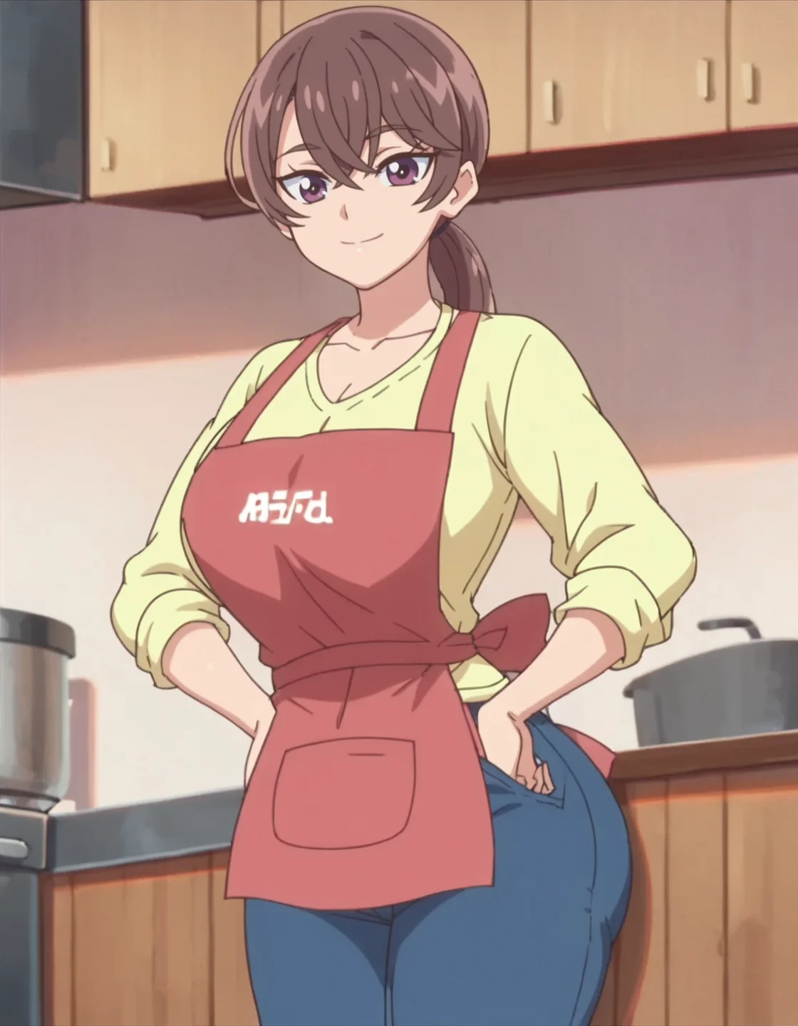 score_9, score_8_up, score_7_up, anime screencap, solo,1girl,apron,pants, brown hair, purple eyes, looking at viewer, smile, shirt, collarbone, yellow shirt, ponytail, bangs, long hair,hair between eyes,large breasts, huge ass,<lora:nagomiakiho:0.8>