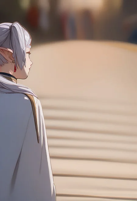 (score_9, score_8_up, score_7_up), close_up_shot_back_left a 1girl, frieren, green eyes, grey hair, twintails, thick eyebrows, pointy ears, earrings, walking down a train track, cam_shot, cam_shot_lora
