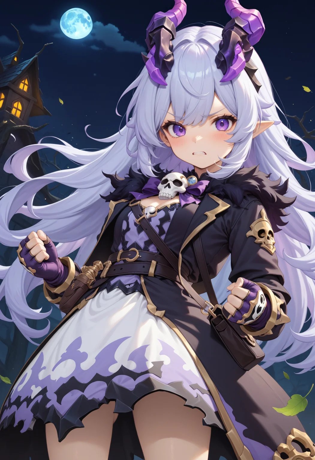 masterpiece, best quality, very aesthetic, absurdres, rom_hela_xl,
1girl, purple hair, horns, purple eyes, grumpy, skull on chest, fingerless gloves, saddlebag, potions on waist,
clenched hands, haunted house, withered trees, bats, halloween, pumpkin,
outdoors, moon, (wind, falling leaves, light particles:1.4), light rays, tyndall effect, vivid colors, tranquil and magical atmosphere,
shiny skin, beautiful face, beautiful eyes, extreme detailed, official art, professional illustration, hires,
<lora:rom_hela_xl:1>, <lora:aesthetic_anime_v1s:0.5>, <lora:add_details_xl:0.5>