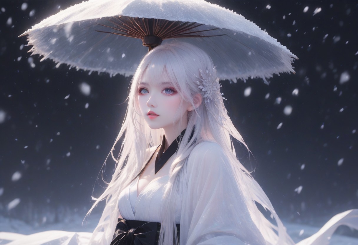 masterpiece, best quality, amazing quality, very aesthetic, absurdres, newest, volumetric lighting, holographic colors, cute, gradient colors, dark background, masterpiece, best quality, amazing quality, very aesthetic, absurdres, newest, volumetric lighting,1girl, 
BREAK
nsfw, 
 ambient occlusion, raytracing, soft lighting, blum effect, masterpiece, absolutely eye-catching, particles, glow, shining, intricate cinematic background, (beautiful face),  
BREAK
masterpiece, highly detailed,1girl,beautiful eyes, big eyes, detailed eyes, detailed pupils, perfect body,
(sexy, slutty, hot)
Yukinoshita Yukino, Yuki-onna, colored skin, (white skin:1.3), solo, long hair, white hair, luscious lips, model style, large breasts
holding umbrella, snowflakes, bare shoulder, looking at viewer,
petals falling,
<lora:spo_sdxl_10ep_4k-data_lora_webui:0.6> <lora:ponyv5_noobV065S_1_adamW-000013:0.7> <lora:USNR_STYLE_XL_lokr:0.45> <lora:GBF_Illustrious:0.4> <lora:748cmSDXL:0.8>