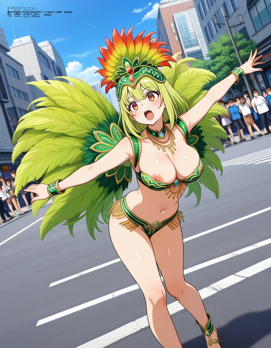 score_7_up, anime BREAK official art, solo, 1girl, one girl, 
dynamic angle, dynamic pose, megami magazine, 
BRERAK, 
<lora:Asakusa_Samba_Carnival_v2:0.8>, Asakusa Samba Carnival, outdoors, day, road, street, city, building, multiple girls, solo focus, dancing, Samba costume, 
jewelry, necklace, open mouth, crown, nipple slip, green costume, headdress, jewelry bikini, 
(masterpiece:1.3), best quality, high resolution, unity 8k wallpaper, extremely detailed CG, 8K, perfect anatomy, highly finished, masterpiece, best quality, high quality, amazing quality, great quality, very aesthetic, ultra detailed, highres, absurdres, highly detailed, highly detailed background,