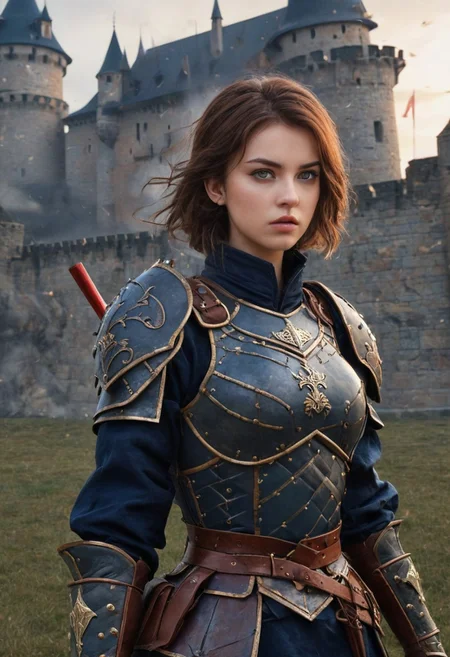 castle, score_9, score_8_up, score_7_up, score_6_up, score_5_up, extremely detailed, 1 woman, 25 years old, cute face, green eyes, small breasts, brown hair, shoulder length hair, wearing dark blue armor, holding a spear, in a battlefield in front of a castle, soldiers fighting behind her, she has blood on her shield and face, detailed, realistic