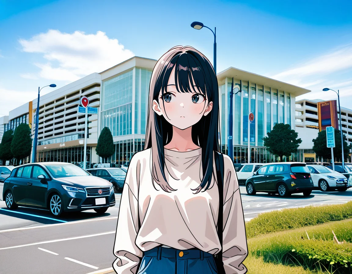 score_7_up, anime BREAK official art, solo, 1girl, one girl,
Black hair, (chest length hair:1.2), Straight Hair, bangs, one tucked behind ear, black eyes, feature large highlight, feature double highlights, shaped eyeblow,
<lora:Shopping_Mall-000006:1>, Shopping Mall, photo background, real world location,
scenery, sky, outdoors, blue sky, road, day, cloud, ground vehicle, tree, building, motor vehicle, sign, lamppost, car, street, road sign, grass, real world location, building exterior, parking,
(masterpiece:1.3), best quality, high resolution, unity 8k wallpaper, extremely detailed CG, 8K, (watercolor \(medium\), muted color, sketch:1.1), perfect anatomy, highly finished, masterpiece, best quality, high quality, amazing quality, great quality, very aesthetic, ultra detailed, highres, absurdres, highly detailed, highly detailed background,