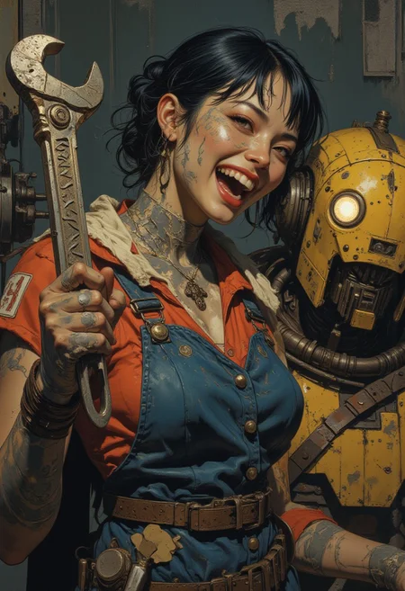 By Phandigrams, close-up digital steampunk illustration of a happy excited beautiful Asian waifu mechanic covered in greese holding a large wrench, robot with lit up eye, mechanic workshop background, high action pose, perfect pupils, insanely detailed faces, correct digits, realistic skin, intricately detailed, perfect expressive eyes, perfect pupils, Stunning visuals, Texture, beautiful face features, dynamic, MurphFSF