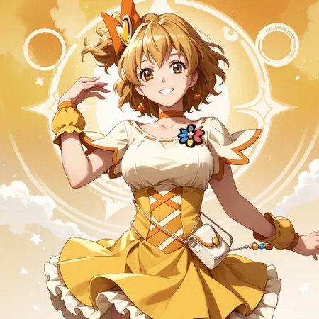 1girl, solo,curepine, short hair, brown eyes,   white dress,smile,large breasts,yellow skirt
cowboy shot
score_9, score_8_up, score_7_up,  masterpiece, best quality,  source_anime,  uncensored, detailed background,