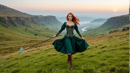 cinematic photo of Marie_Onette, dynamic pose, outdoor Scottish highlands, vivid sunset hues, fantasy setting. A striking redhead woman, (distinctly Scottish), wearing an elaborate elven inspired gown is a fusion of deep emerald green and earthy browns, with intricate Celtic knotwork embroidery in gold thread, Flowing sleeves, a fitted bodice+, short skirt, fiery red hair is styled in a cascade of loose curls, green eye, stands atop a grassy knoll, overlooking a misty loch. In her hands, she holds an ancient, rune carved staff, emanating a soft, other worldly glow., ooh_me_likey-xl