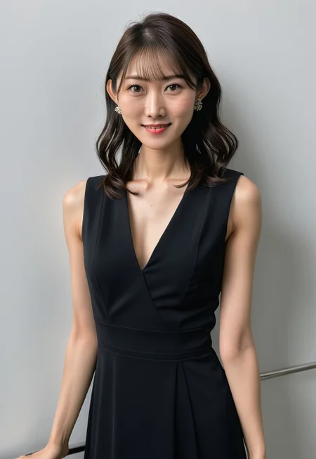 woman, portrait, black cocktail dress, , deep v-neck, asian, Fujifilm XT3, RAW photo, 8k uhd, dslr, film grain, upper body photo
