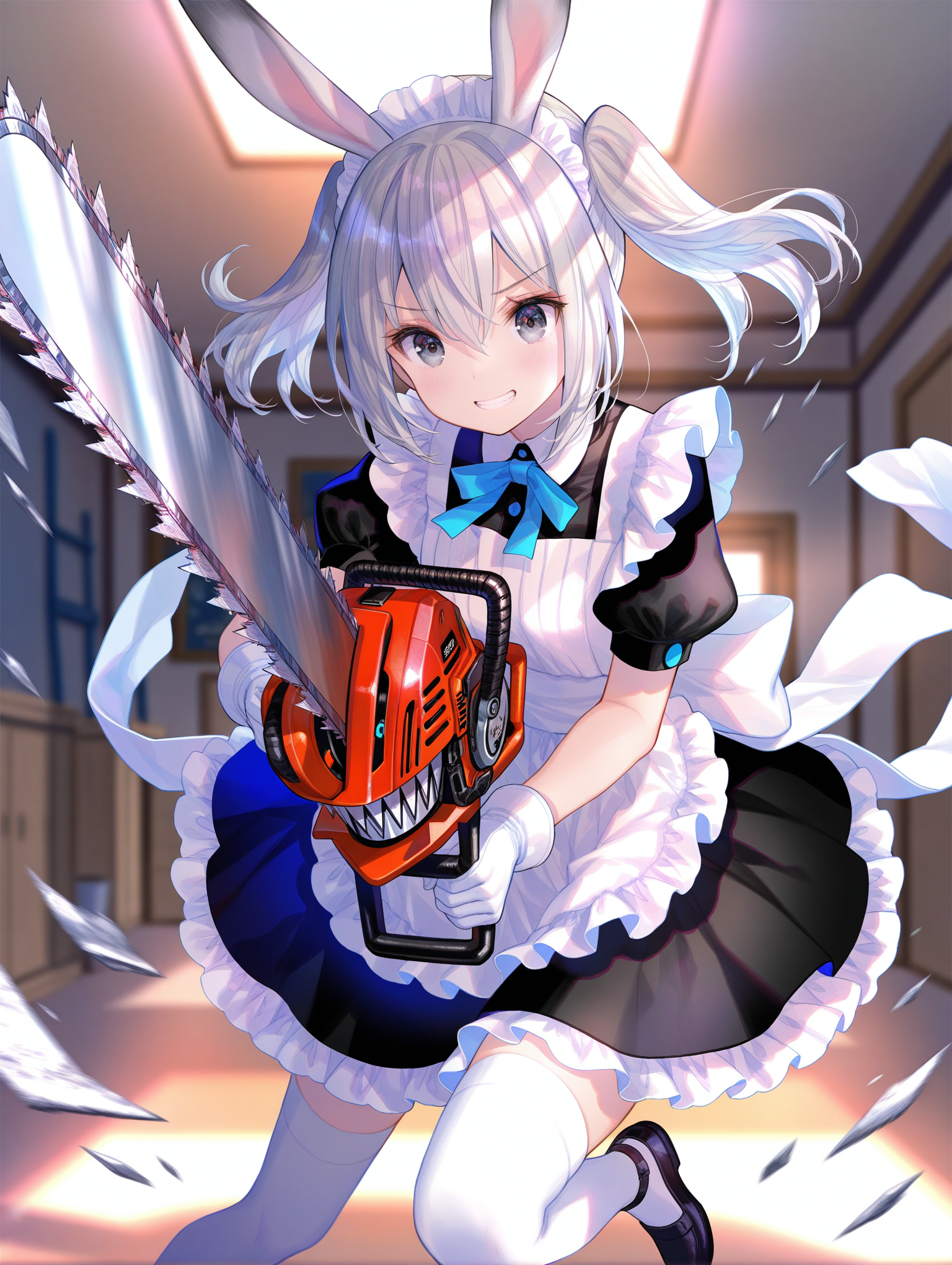 1girl,depth of field,masterpiece,high quality,best quality,beautiful,perfect lighting,detailed face,detailed body,(illustration),detailed,highly detailed,hdr,twintails,hair between eyes,holding chainsaw,cutting,clenched teeth, smile, motion blur, mid air,slow motion,fuzichoco,rabbit ears,grey hair,grey eyes,short hair,multicolored hair, large chainsaw, gaint chainsaw,maid, miniskirt, chainsaw takes half of screen,white thighhighs, white gloves,                                                                                                                                                                                                                                                                                                          
,masterpiece,best quality,amazing quality,