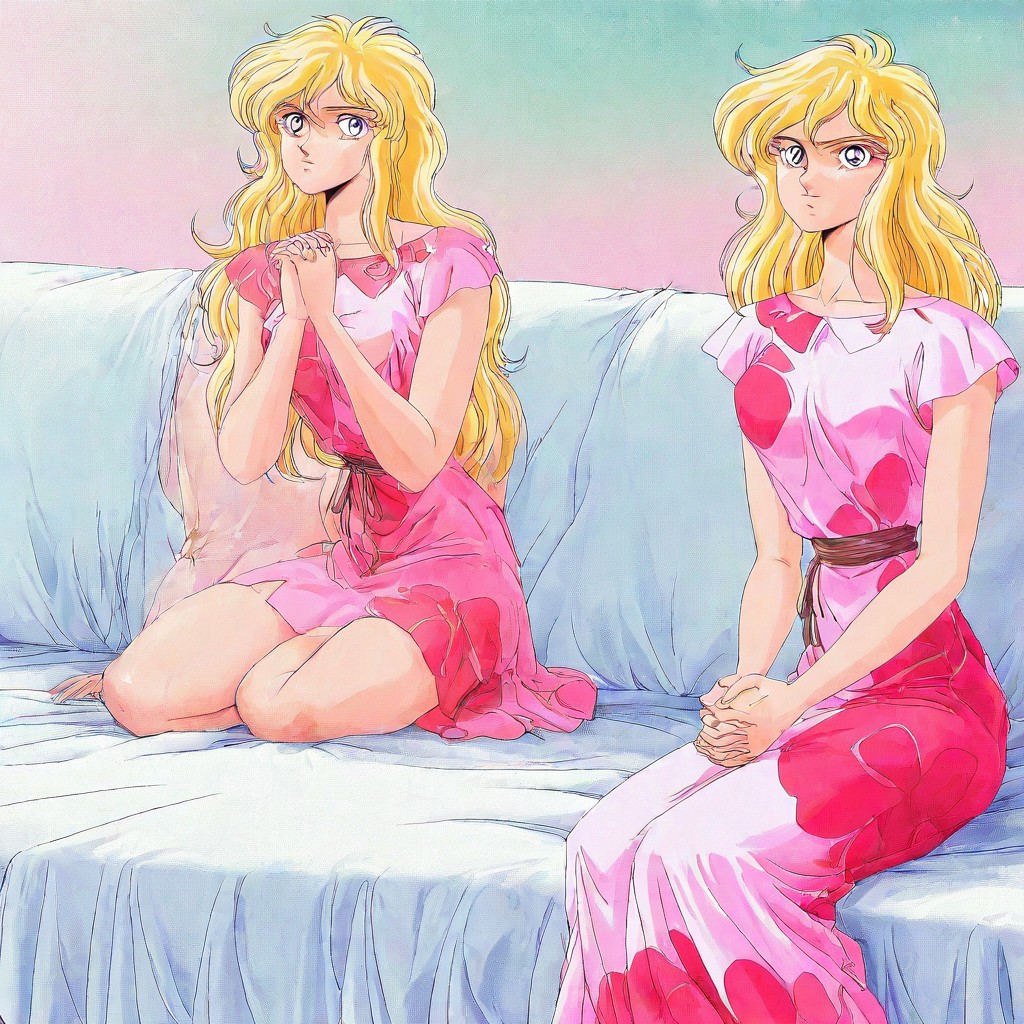 1 adult woman,
1990s (style), retro artstyle
Esmeralda,long hair, blonde hair, pink dress,
beautiful, sitting,
establishing shot, hands clasped together, 
negative space, framing device, leading lines, ray tracing,
high key,
1990s (style), retro artstyle
teal white bedroom