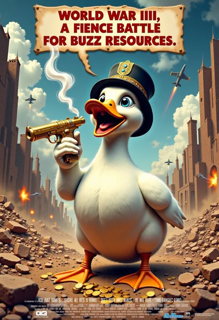 movie poster parody, masterpiece, best quality, ultra-detailed, ultra realistic, 8k, RAW photo, perfect composition, perfect colors, colorful, clear photo, highest resolution, uncanny realism, immaculate micro-details, professional photography, analog photo, shot on Canon EOS 5D VI, Fujicolor Pro, radiant god rays, dreamy haze, Photographers collaboration by Oleg Oprisco and Tim Walker, view very distant, view from distant,
BREAK,
a full body of white duck with golden beak and claws, adorable and cuteness overloads of duck, standing with arrogant expression, his beak opened to blowing smoke out of a gold gun engraved with a tiny blue sapphire gems that is held in his hand, wear a black noble hat with gold stripes, wear diamond expert glasses, the way the duck blows smoke out of the tip of his gun looks cute and his cute little red tongue sticking out, under his feet there is a pile of gold coins,
BREAK,
futuristic apocalypse background, rubble of buildings that were leveled to the ground, dust around the ruins, some futuristic jet fighter planes flying in the sky are firing some missiles with fire tails, bomb explosions with thick smoke flames soaring high, small debris scattered around the ground,
BREAK
(emphasize a thought balloon at the top with funny letters the phrase "World War III, A Fierce Battle for Buzz Resources":1.6), (ensure The letters must be clearly visible and perfectly correct and accurately written:1.6), (highlight the funny letters:1.6),