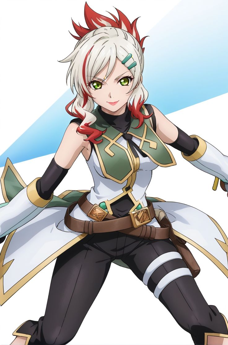 <lora:add-detail-xl:1>source anime, detailed, official art, masterpiece,
<lora:HandFineTuning_XL:1>
BREAK,
white background,
from front, light smile, dynamic pose, dynamic angle,
BREAK,
<lora:fourier_pdxl_v01:0.7>
togfourier, yellow footwear, (brown eyes), elbow gloves, gradient hair, hair ornament, hairclip, lipstick, multicolored hair, white hair, red highlights, 
coat, sleeveless, black turtleneck, thigh pouch, belt, black cropped pants, cropped pants, capri pants, black detached sleeves,
