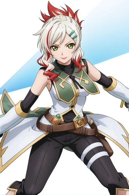 <lora:add-detail-xl:1>source anime, detailed, official art, masterpiece,
<lora:HandFineTuning_XL:1>
BREAK,
white background,
from front, light smile, dynamic pose, dynamic angle,
BREAK,
<lora:fourier_pdxl_v01:0.7>
togfourier, yellow footwear, (brown eyes), elbow gloves, gradient hair, hair ornament, hairclip, lipstick, multicolored hair, white hair, red highlights,
coat, sleeveless, black turtleneck, thigh pouch, belt, black cropped pants, cropped pants, capri pants, black detached sleeves,
