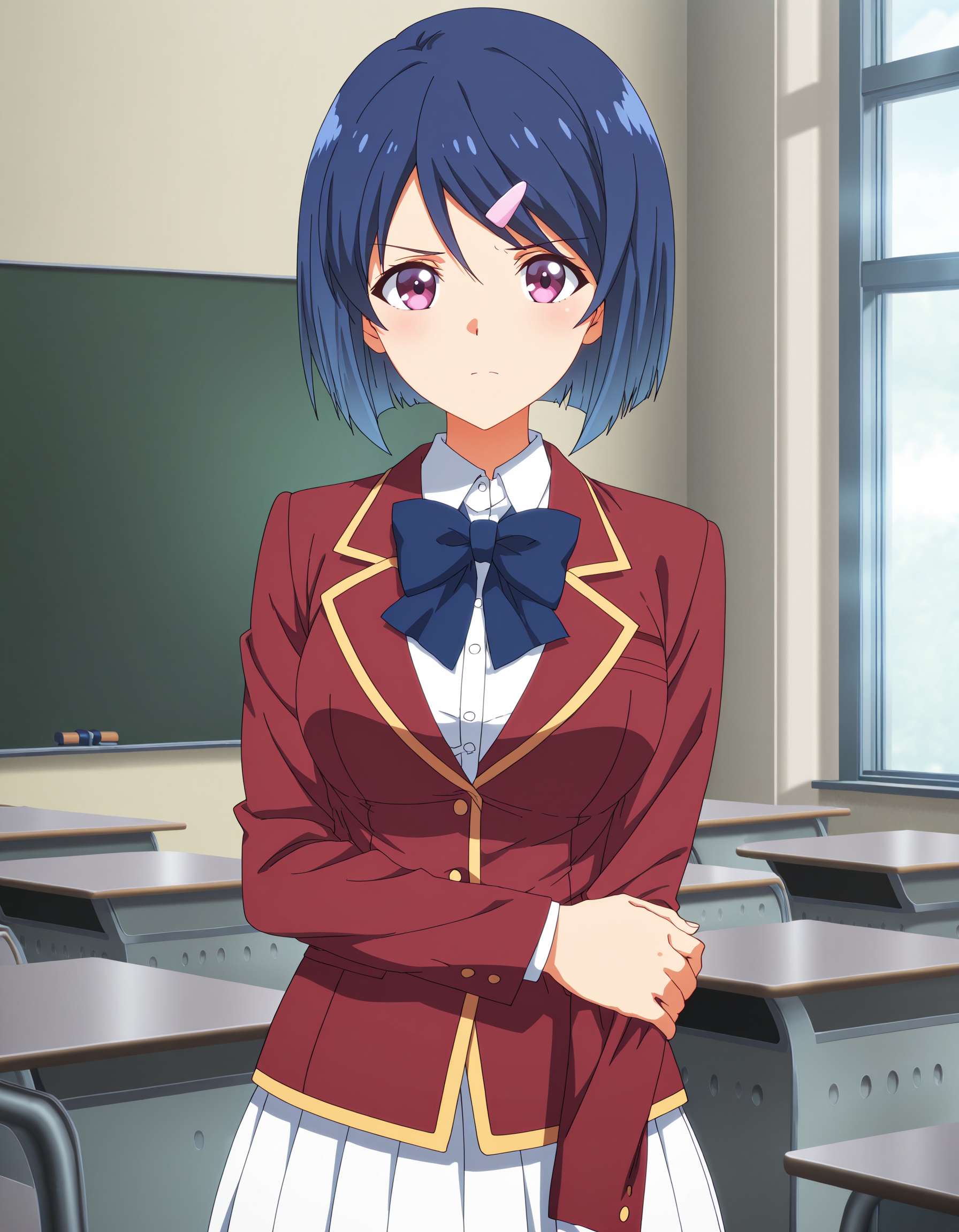 masterpiece,best quality,classroom,standing,looking at viewer,hand on arm,, <lora:snhr3:1>
snzk,solo,(blue hair:0.6),short hair,(tareme:0.7),(v-shaped eyebrows:0.3),anime coloring,
red jacket,white shirt,blue bowtie,white skirt,pleated skirt,