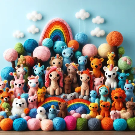 score_9, score_8_up, score_7_up, Yarnworld, rainbow colors, chibi animals, made of yarn, cute design,
colorful detailed background,