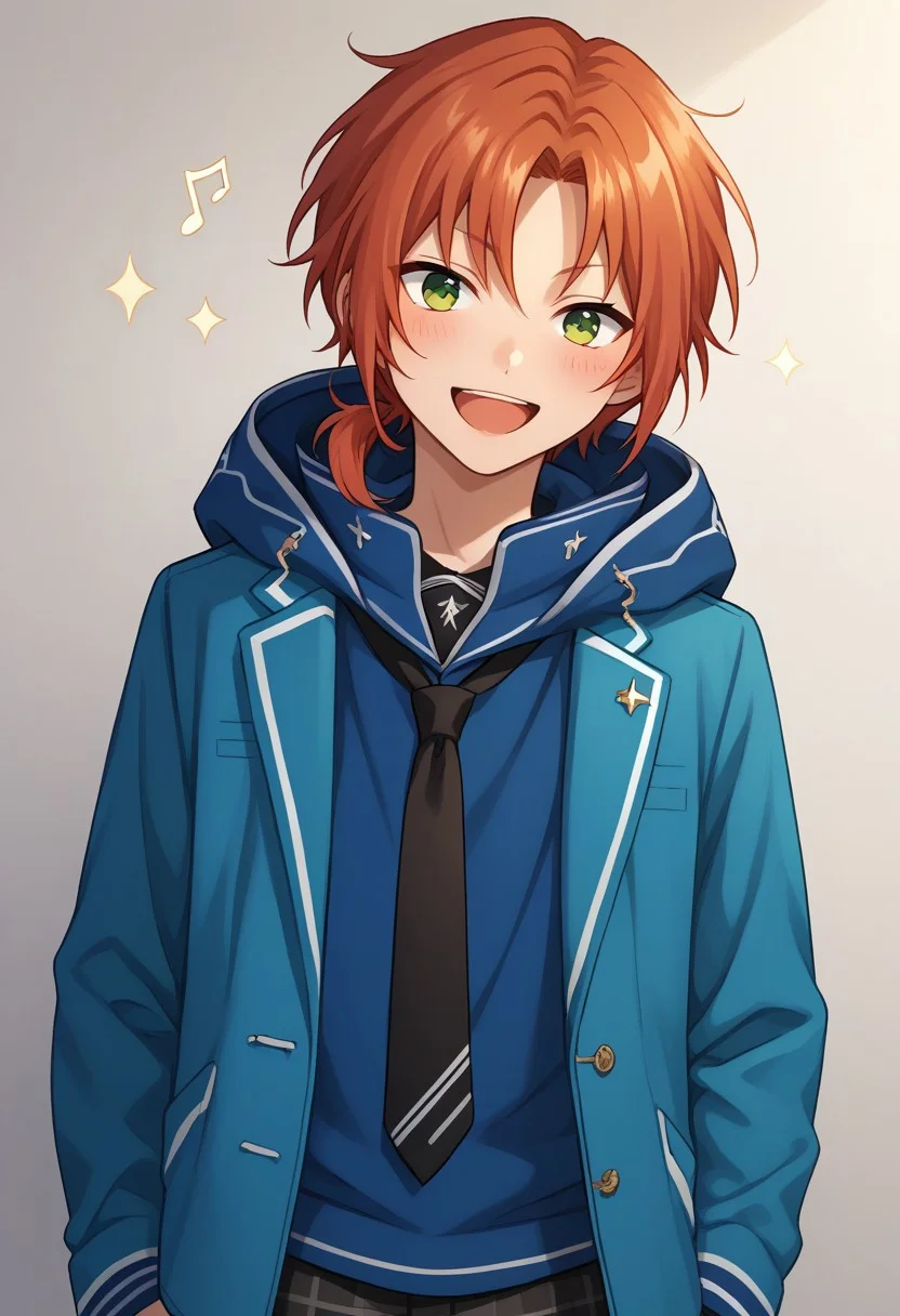 score_9, score_8_up, score_7_up, source_anime, highly detailed,
leotsukinaga, 1boy, male focus, green eyes, solo, school uniform, red hair, plaid pants,
jacket, blue jacket, open jacket, orange hair, ponytail, short ponytail, side ponytail, hoodie, blue hoodie, hood, pants, blush, necktie, black necktie, upper body, musical notes, open mouth, smile, sparkles, happy,