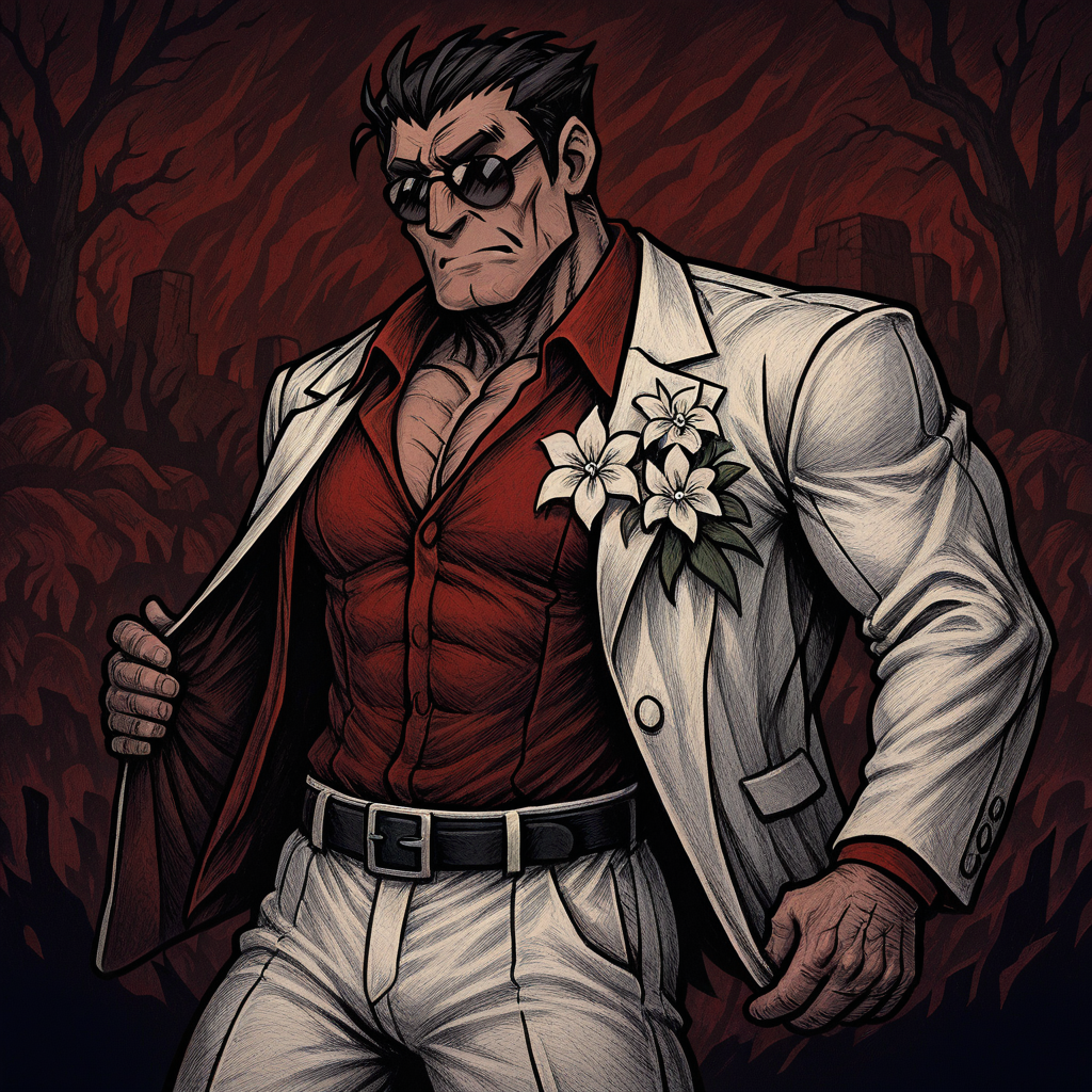masterpiece, best quality, newest, absurdres, highres, NFCV1.0, 1boy, helltaker (helltaker), black hair, short hair, muscular, muscular male, sunglasses, glasses,  white jacket, white pants, black belt, red shirt, formal clothes, flower in clothes, open jacket